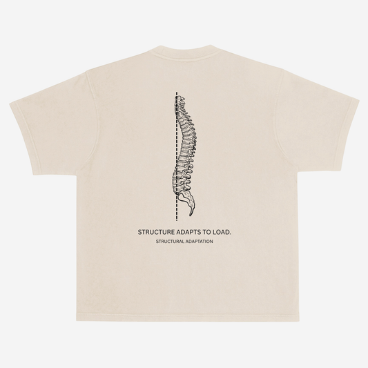 EMPIRIC. STRUCTURE ADAPTS TO LOAD tee — back print detail, spinal anatomy and plumb line graphic