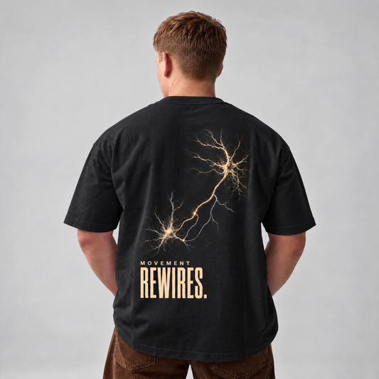 MOVEMENT REWIRES. Tee in Black, back print, on the model. Model wears XL • 5'11" • 216 lb