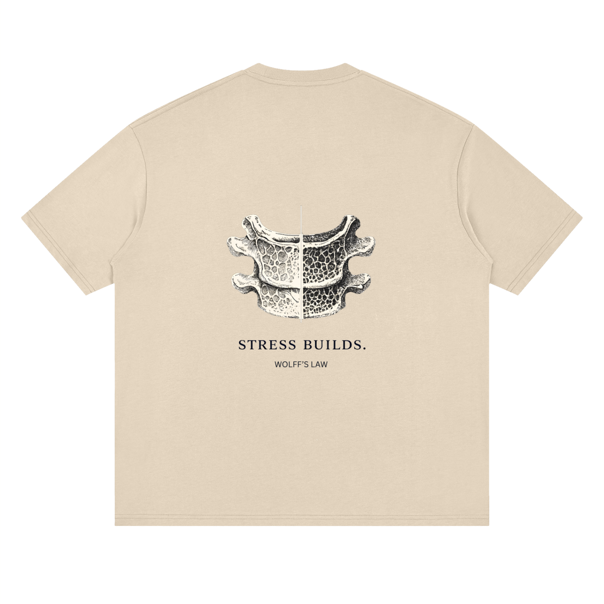 STRESS BUILDS. Tee in Sand, back print