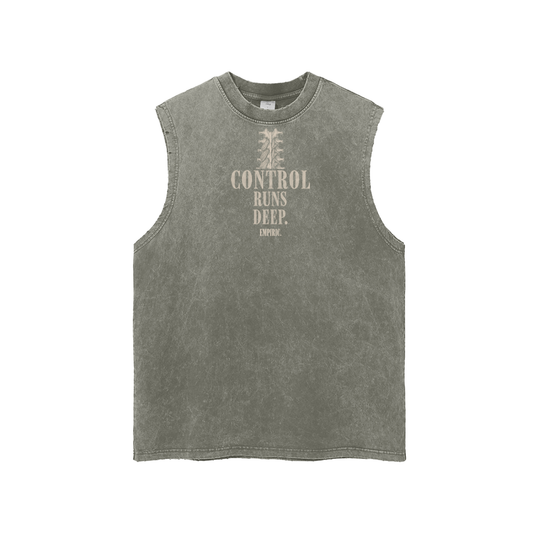 CONTROL RUNS DEEP Unisex Snow Washed Tank in Gray Green, front, small spine print above CONTROL RUNS DEEP on the chest
