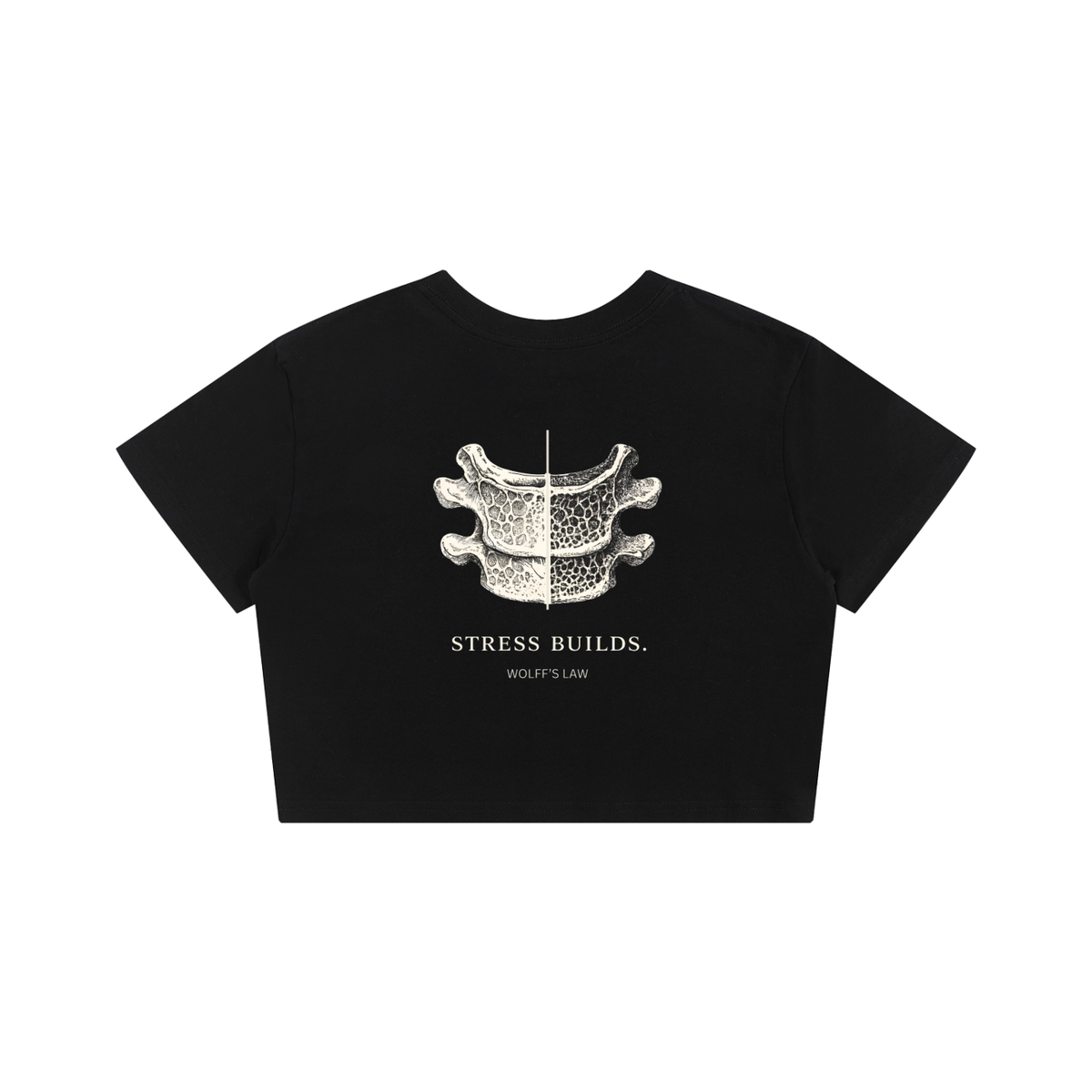 STRESS BUILDS. Women's Crop Tee — Black, back print detail