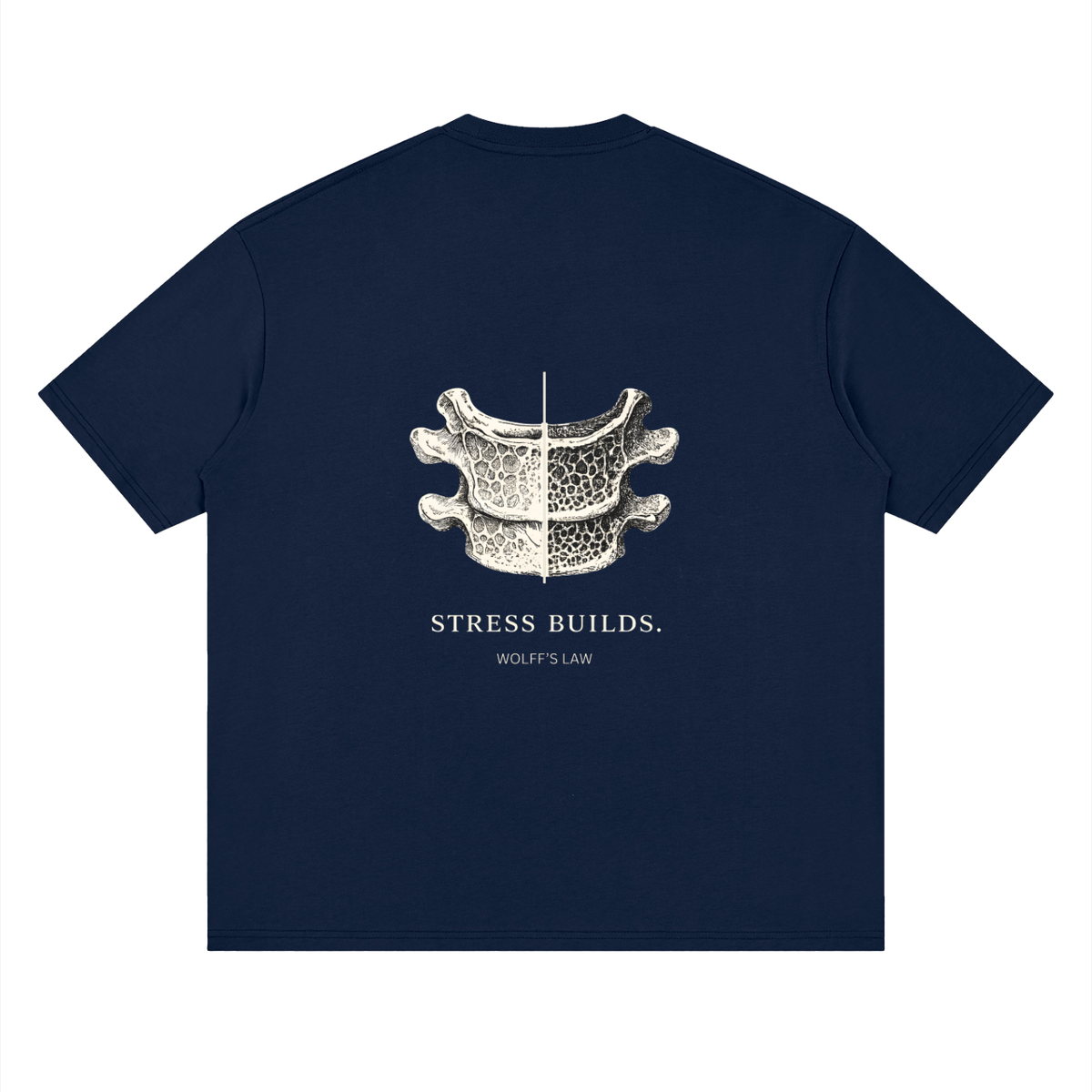 STRESS BUILDS. Tee in Navy, back print