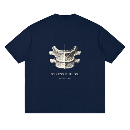 STRESS BUILDS. Tee in Navy, back print