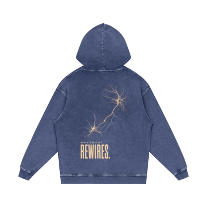 MOVEMENT REWIRES. Snow Washed Hoodie in Dark Blue, back