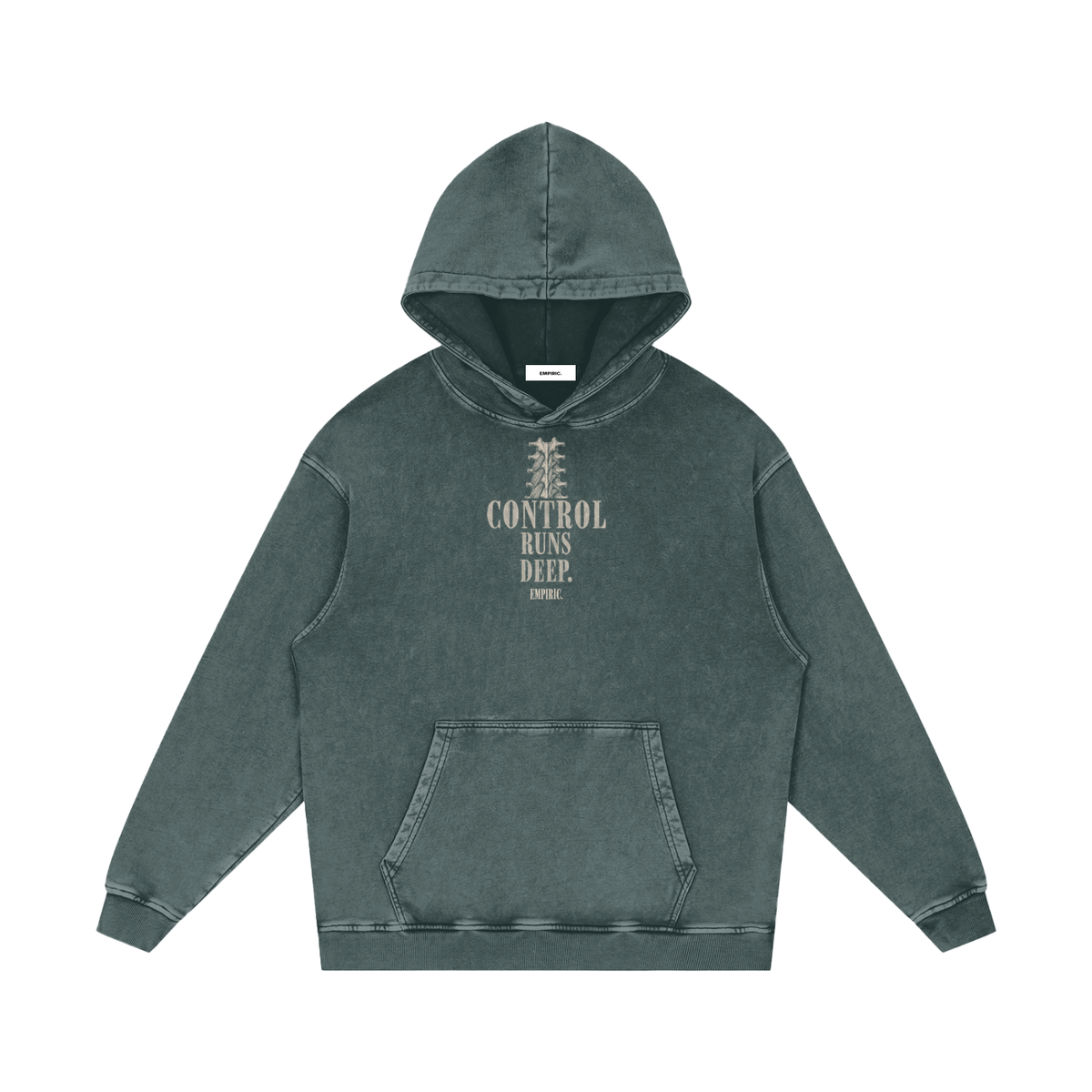 CONTROL RUNS DEEP. Snow Washed Hoodie in Dark Green, front