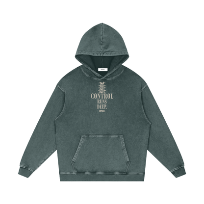 CONTROL RUNS DEEP. Snow Washed Hoodie in Dark Green, front