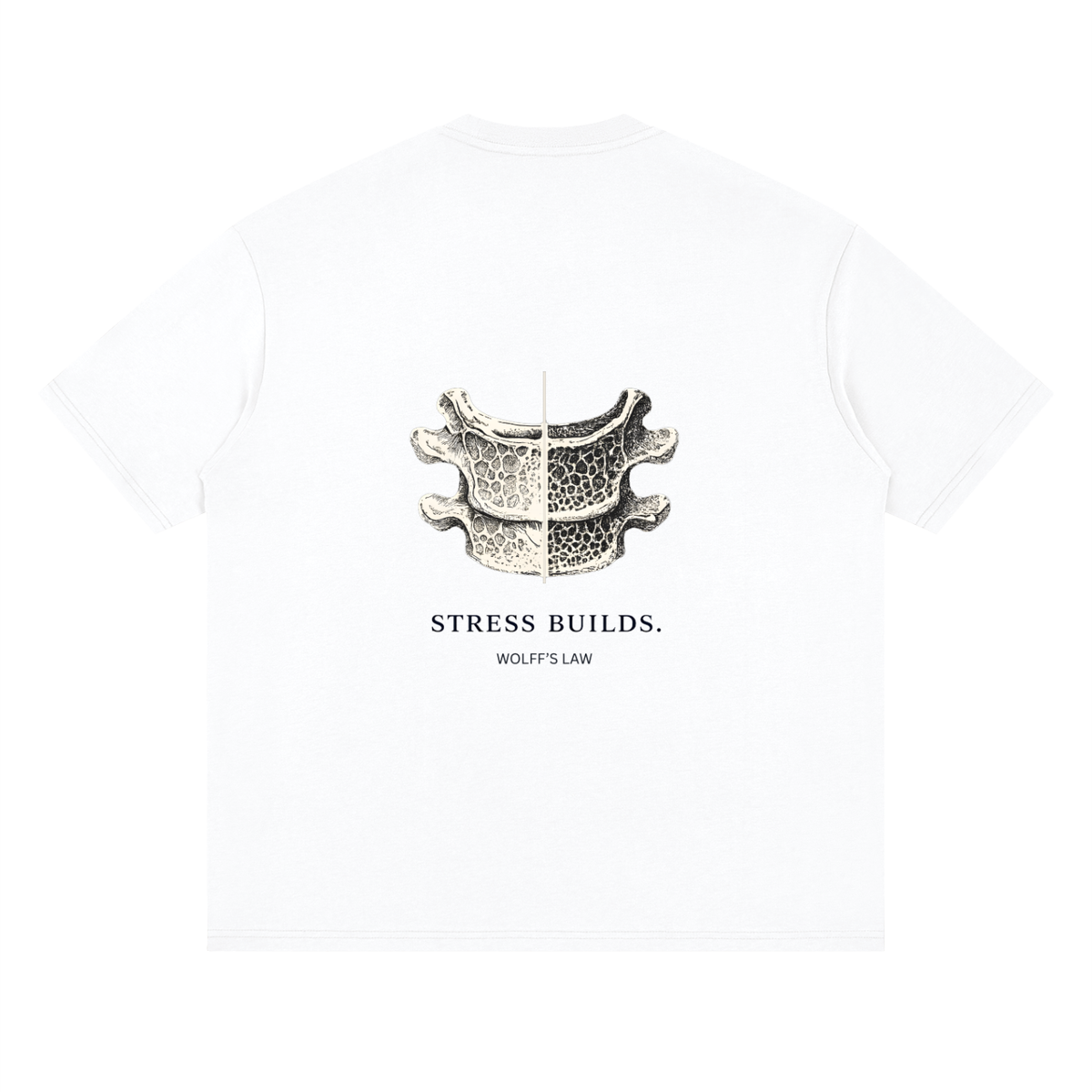 STRESS BUILDS. Tee in White, back print