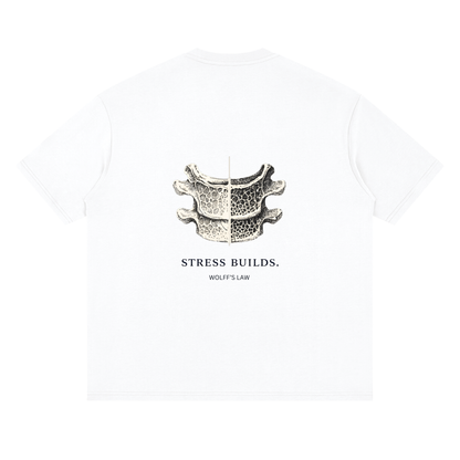 STRESS BUILDS. Tee in White, back print