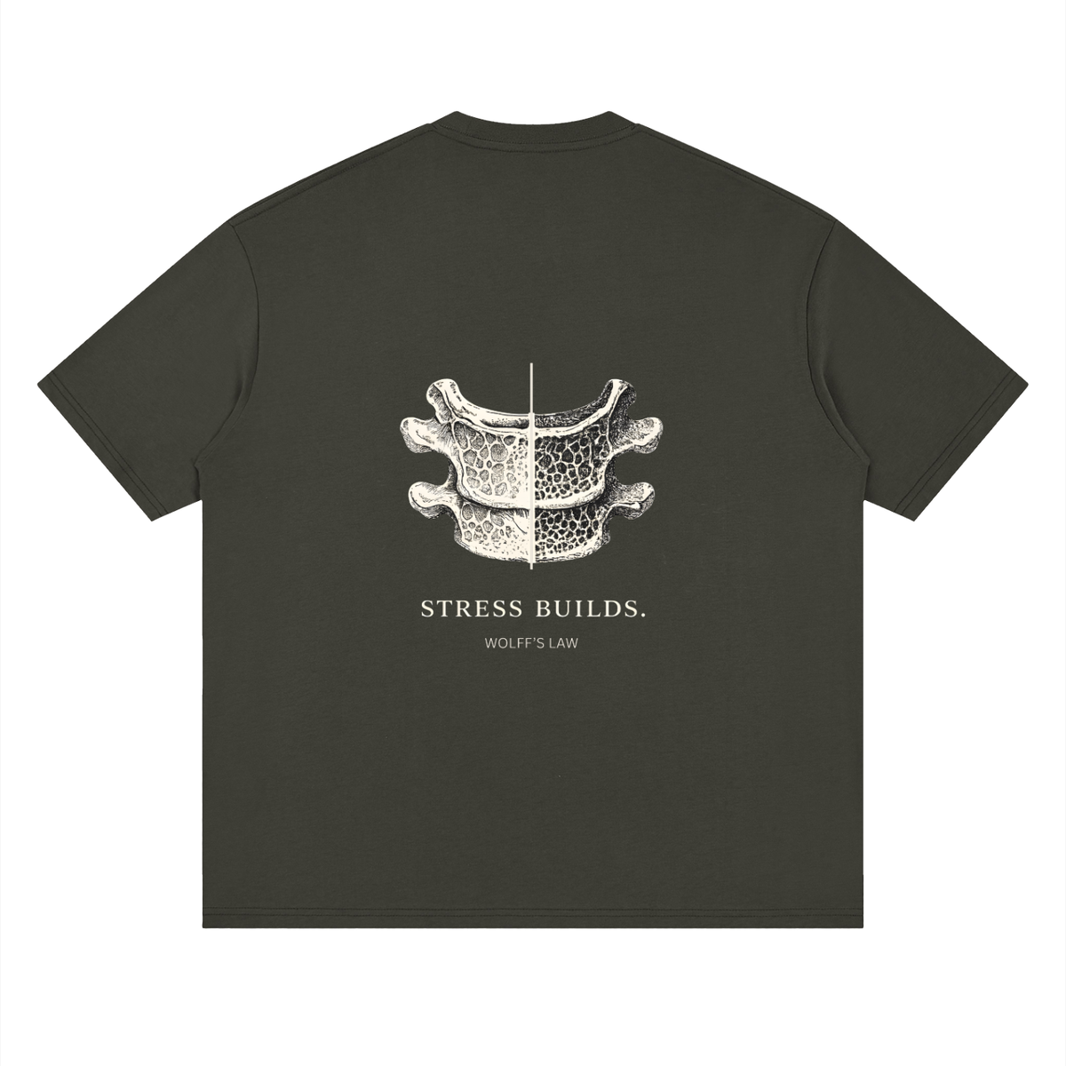 STRESS BUILDS. Tee in Charcoal, back print