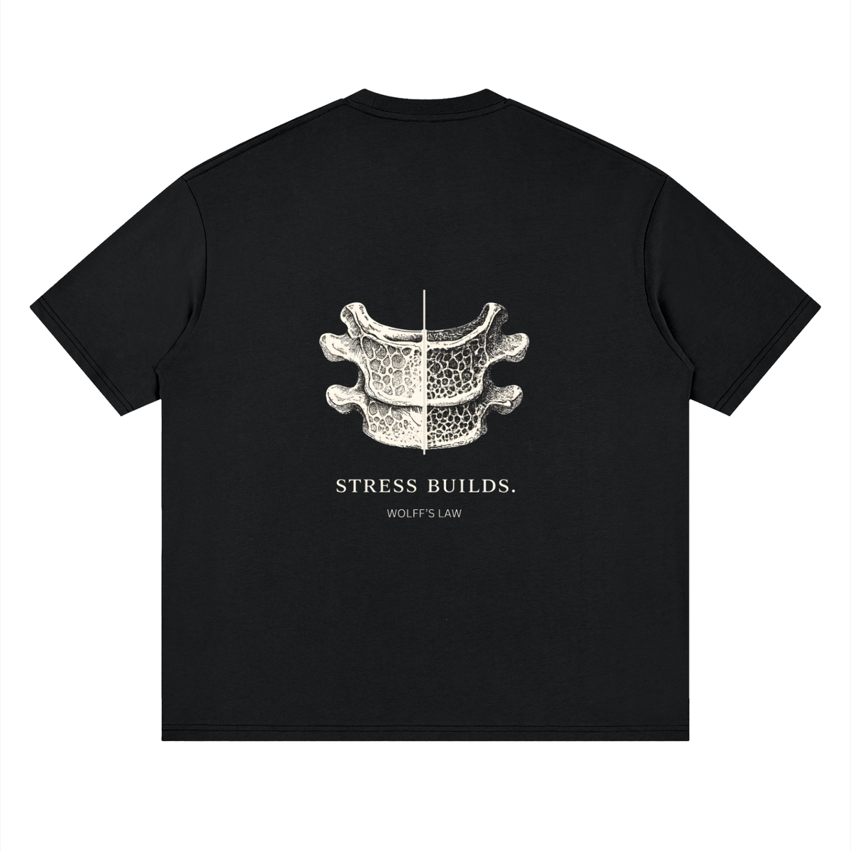 STRESS BUILDS. Tee in Black, back print