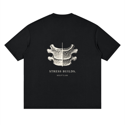 STRESS BUILDS. Tee in Black, back print