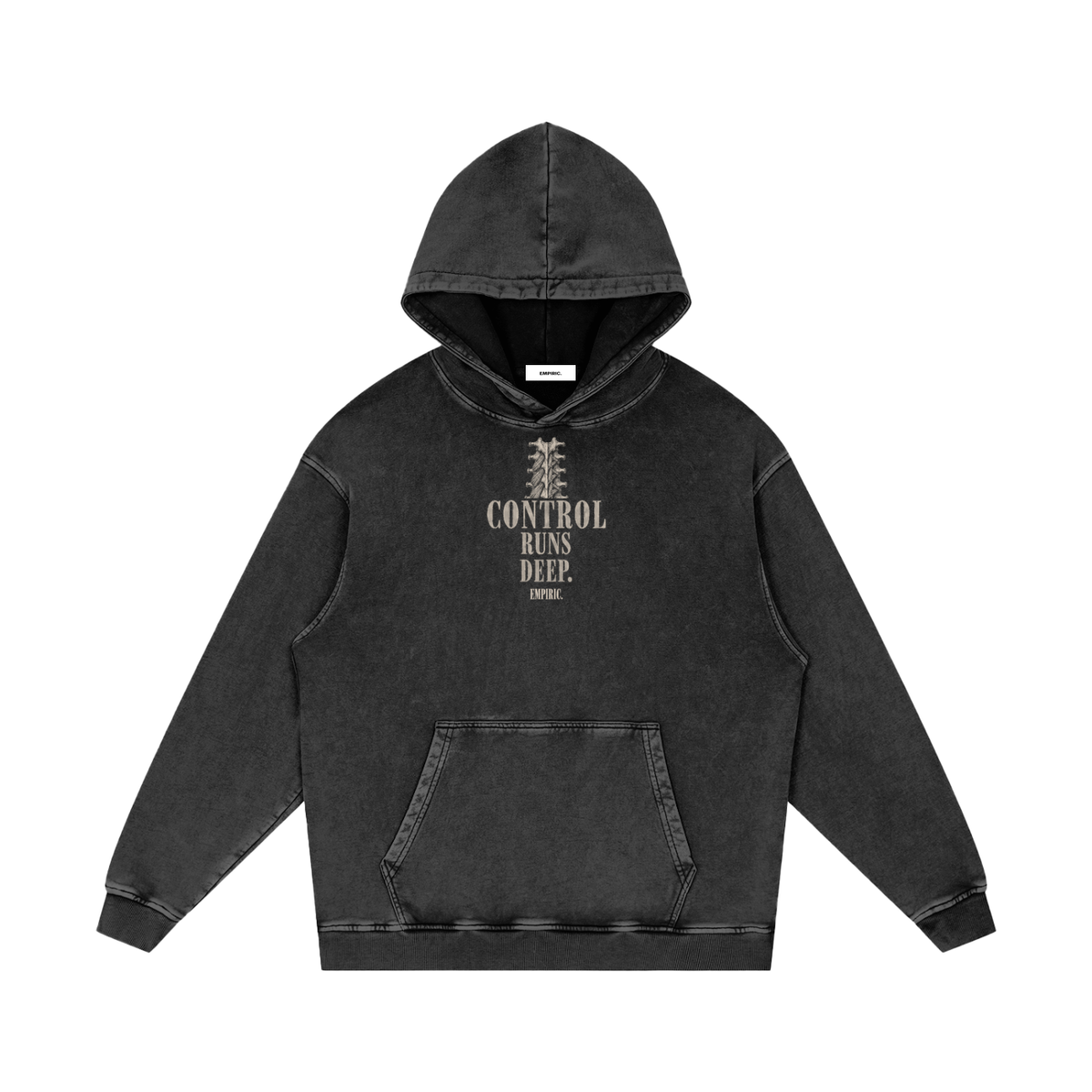 CONTROL RUNS DEEP. Snow Washed Hoodie in Black Beauty, front