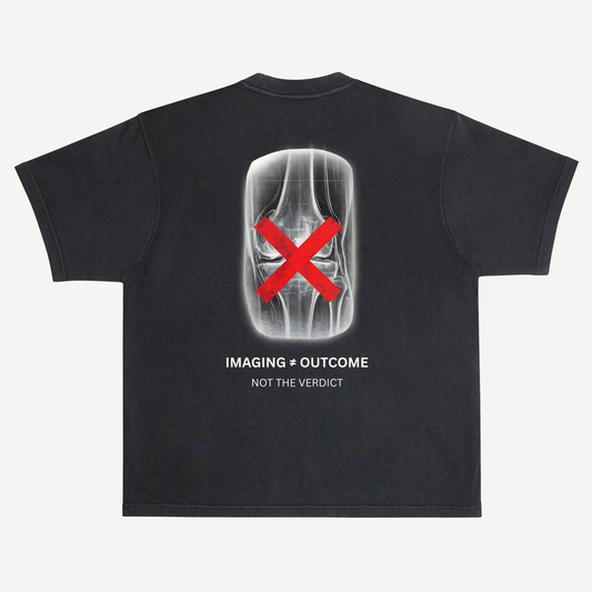 EMPIRIC. IMAGING ≠ OUTCOME tee — back print detail, knee X-ray graphic
