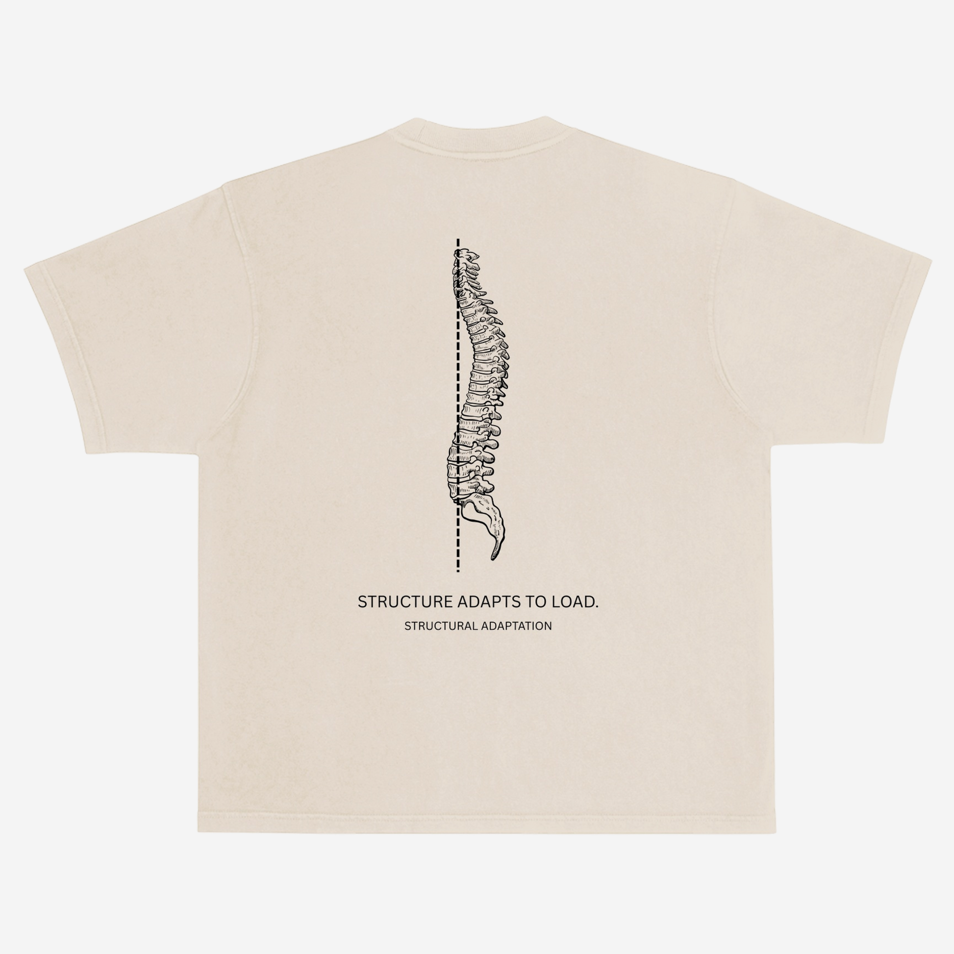 EMPIRIC. STRUCTURE ADAPTS TO LOAD tee — back print detail, spinal anatomy and plumb line graphic