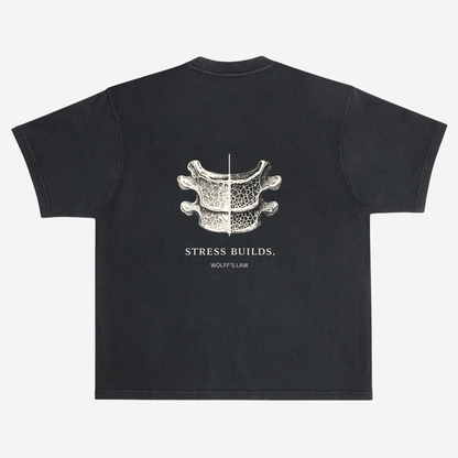 EMPIRIC. STRESS BUILDS. tee — back print detail, vertebral cross-section anatomy graphic