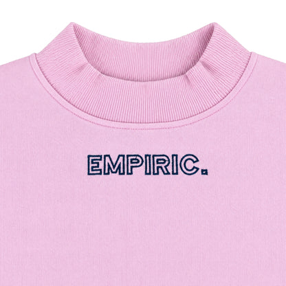 EMPIRIC. Women's Embroidered Sweatshirt in Pink with navy embroidery, chest close-up
