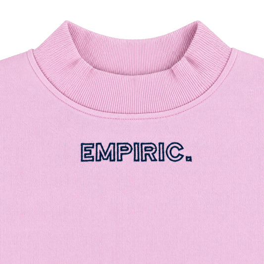 EMPIRIC. Women's Embroidered Sweatshirt in Pink with navy embroidery, chest close-up