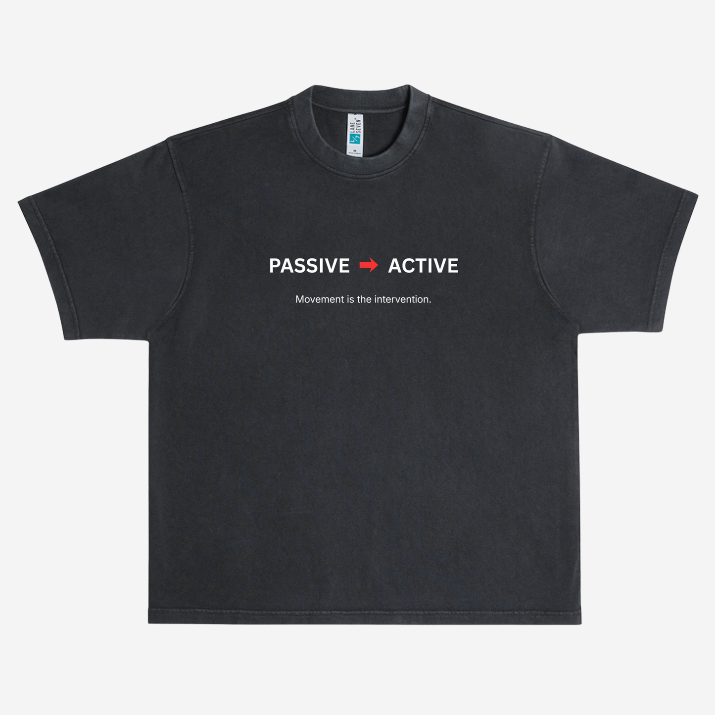 EMPIRIC. PASSIVE TO ACTIVE tee — front print detail, directional text graphic