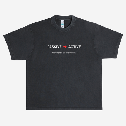 EMPIRIC. PASSIVE TO ACTIVE tee — front print detail, directional text graphic
