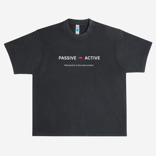 EMPIRIC. PASSIVE TO ACTIVE tee — front print detail, directional text graphic