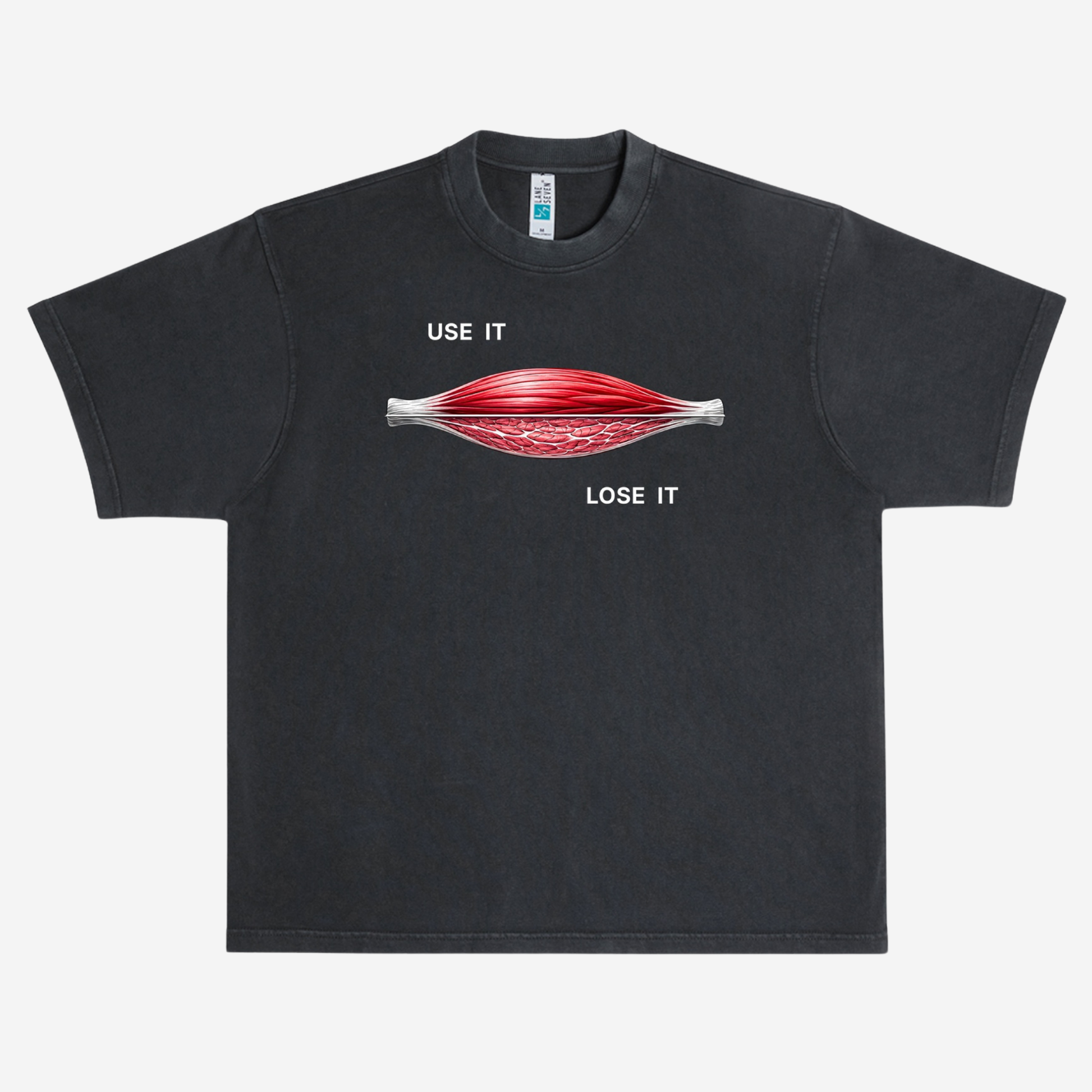 EMPIRIC. USE IT / LOSE IT tee — front print detail, muscle cross-section comparison graphic
