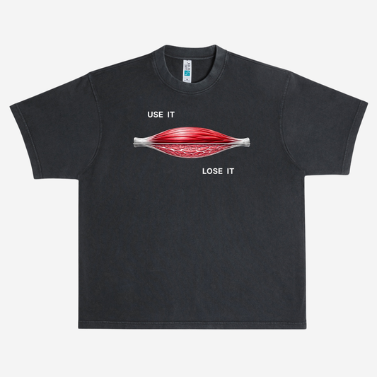 EMPIRIC. USE IT / LOSE IT tee — front print detail, muscle cross-section comparison graphic