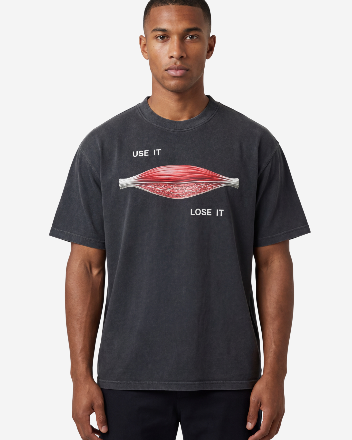 EMPIRIC. USE IT / LOSE IT tee — front view, black garment-dyed heavyweight cotton