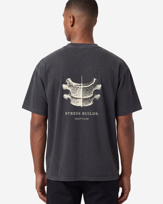 EMPIRIC. STRESS BUILDS. tee — front view, black garment-dyed heavyweight cotton