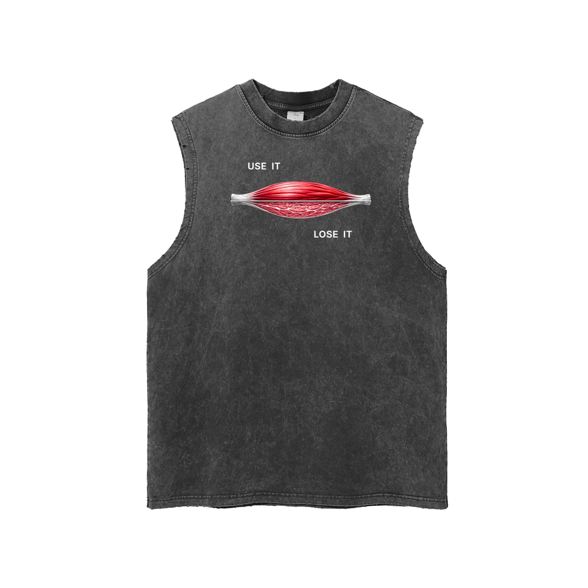 USE IT / LOSE IT Unisex Snow Washed Tank in Black, front, red muscle print with USE IT and LOSE IT in white