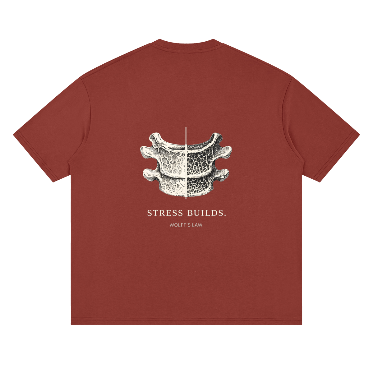 STRESS BUILDS. Tee in Brick, back print
