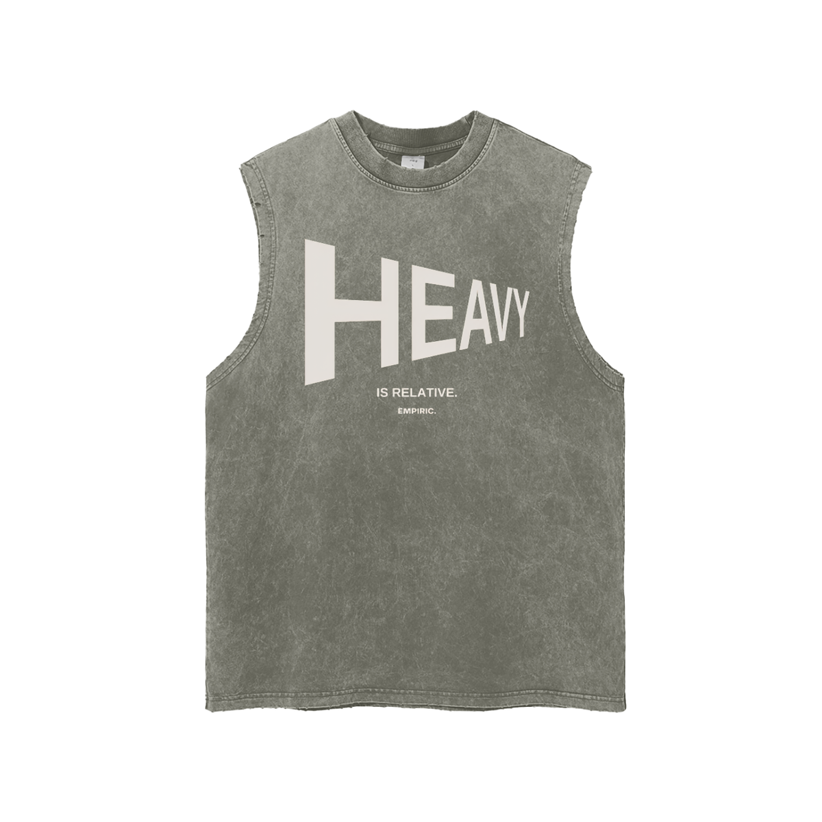 HEAVY IS RELATIVE Unisex Snow Washed Tank in Gray Green, front, cream HEAVY print with IS RELATIVE. and a small EMPIRIC mark underneath
