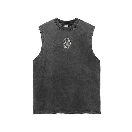 MIND IS BIOLOGY Unisex Snow Washed Tank in Black, front, small white brain and muscle icon on the chest