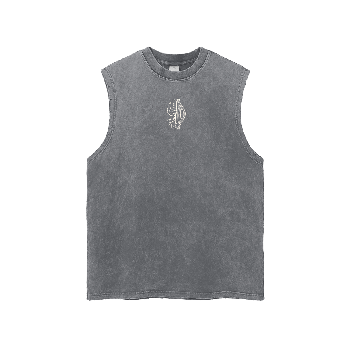 MIND IS BIOLOGY Unisex Snow Washed Tank in Dark Gray, front, small white brain and muscle icon on the chest