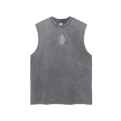 MIND IS BIOLOGY Unisex Snow Washed Tank in Dark Gray, front, small white brain and muscle icon on the chest