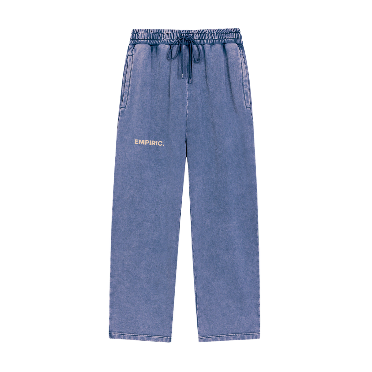 CONTROL RUNS DEEP. Snow Washed Sweatpants in Dark Blue, front, sand EMPIRIC mark on the left thigh
