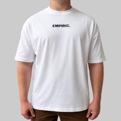 STRESS BUILDS. Tee in White, front, on the model. Model wears XL • 5'11" • 216 lb